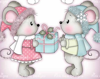 Christmas Mice Digital Stamp, Blackline and Color Files (Digital Download)