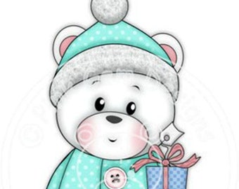 Digi Stamp Polo with Gift. Makes Cute Papercraft and Digital Scrapbooking Projects. Christmas Cards. Baby Polo Bear