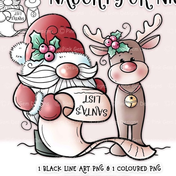 Digi Stamp, Santa's List, Reindeer, Tomte, Nisse Nordic Christmas Gnome, 1 Pre-Coloured png, 1 Black Line png, Sentiment Png Included, Gnome