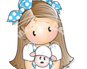 Digital Digi Stamp Chloe with Lambs  - Girls Birthday Card, Party  Invitatations, Easter etc