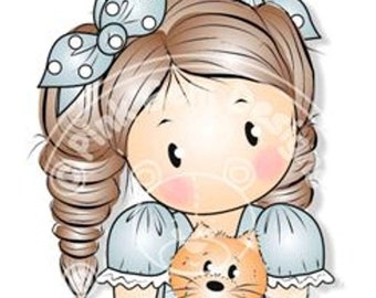 Digital Digi Stamp Chloe with Kitten - Girls Birthday, Mothers Day