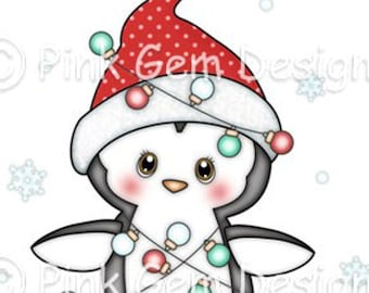 Digi Stamp 'Penguin with Christmas Lights' . Makes Cute Christmas Cards. Scrap Booking. Clipart