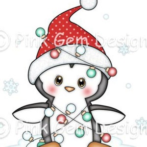 Digi Stamp 'Penguin with Christmas Lights' . Makes Cute Christmas Cards. Scrap Booking. Clipart