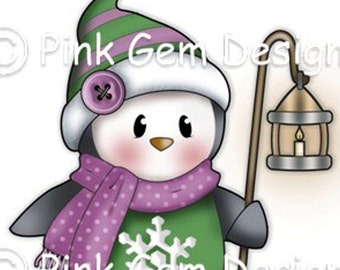 Digi Stamp 'Penguin with Lantern' . Makes Cute Christmas Cards.