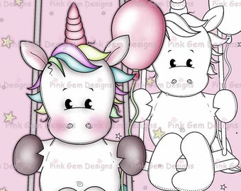 Swinging Unicorn Digi Stamp: Birthday Party Invitations (PNG)