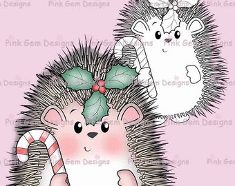 Digital Digi Stamp  Hedgy with Candy Cane - Christmas Hedgehog - Makes Cute Christmas Cards 1 png Pre Coloured and 1 png Blackline Included