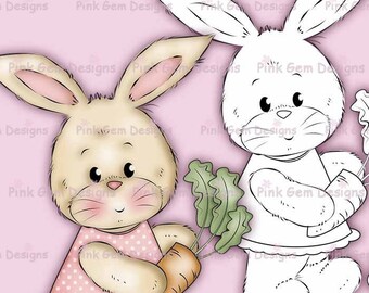 Digi Stamp Bunny With Carrot - Birthday, Easter, Mothers Day etc. Illustration Digital Stamp Digistamp Pink Gem Designs