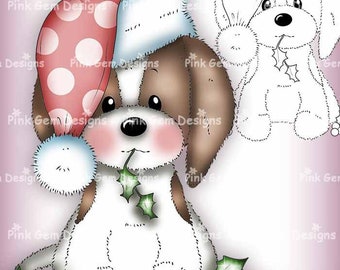 Digi Stamp Santa Paws, Cute Christmas Dog, Card Making Scrapbooking 1 Pre Coloured PNG & 1 Black Line PNG Included