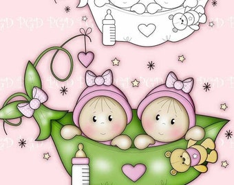 Digi Stamp 'Twin Girls', 1 Black Line png & 1 Pre Coloured png Included, Scrapbooking, Card Making,Girl Digi Stamp, Twin Digistamp, Babies