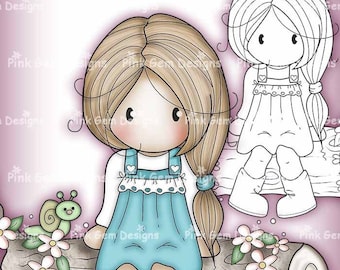 Digi Stamp 'Spring Chloe', 1 Black Line png & 1 Pre Coloured png Included, Scrapbooking, Card Making,Girl Digi Stamp, Girl Digistamp