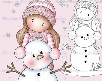 Digi Stamp 'Building a Snowman Chloe'. Makes Cute Christmas Cards. 1 Black Line png & 1 Pre Coloured png Included. Card Making, Scrapbooking