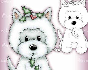 Digi Stamp Christmas Westie, Cute Christmas Dog, Card Making Scrapbooking 1 Pre Coloured PNG & 1 Black Line PNG Included