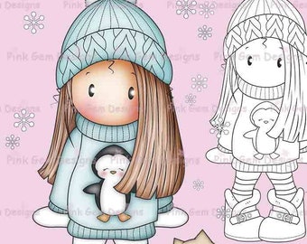 Digi Stamp 'Chloe in Penguin Jumper'. Makes Cute Christmas Cards. 1 Black Line png & 1 Pre Coloured png Included. Card Making, Scrapbooking