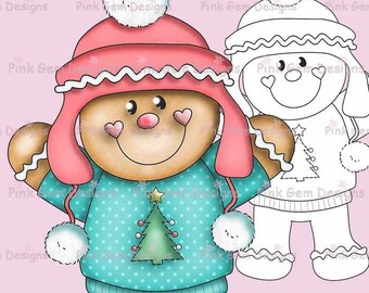 Digi Stamp 'Ginger in Bobble Hat' Gingerbread Man. 1 Black Line png & 1 Pre Coloured png Included. Card Making, Scrapbooking Christmas