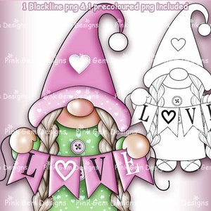 Digi Stamp Scandinavian Girl Love Gnome, Valentine Gnome,1 Pre Coloured png and 1 Black Line png Included. Elf, Small commercial Use