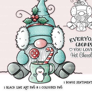 Digi Stamp Gnome , Hot Chocolate Gnome, Tomte, Nisse Nordic Christmas Gnome, 1 Pre-Coloured png, 1 Black Line png, Sentiment Png Included