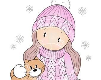 Digi Stamp Chloe in Hat & Jumper. Makes Cute Christmas Cards