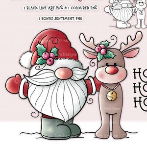 Digi Stamp, Santa Gnome y Reno Tomte, Nisse Nordic Christmas Gnome, 1 png precoloreado, 1 png de línea negra, Sentimiento Png incluido