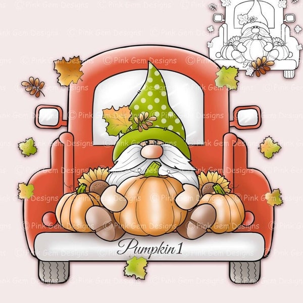 Digi Stamp Scandinavian Autumn/Fall Gnome Truck. Tomte Nisse Nordic Halloween Gnome. Card Making 1 Pre Coloured png and 1 Black Line png