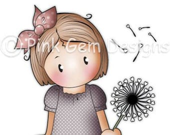 Digi Stamp Chloe with Dandelion,Birthday,Spring,Girl Digistamp,Girl Digi Stamp,Small Commercial Use,Colour & Blackline Files Included