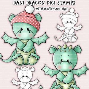 Digi Stamps Dani Dragon, 2 Pre-Coloured & 2 Black Line Art Png Files Included, Dragon Digi Stamp, Clipart, Illustration, Digistamps, Winter image 1