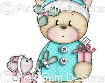 Digital Digi Stamp Christmas Kitty and Friend - Christmas Cat and Mouse  - Makes Cute Christmas Cards