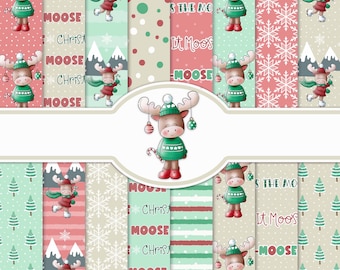 Digital Christmas Papers, Happy Christ Moose, 16 Digital Papers, Christmas Digital Paper, Christmas Moose Digital Papers, JPG, Seamless