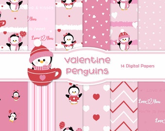 Valentine Penguins, 14 Digital Papers,Small Commercial Use,Downloadable Digi Paper,Digital Scrapbook,Printable Paper Set,Penguin,Love