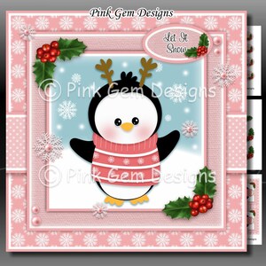 Reindeer Penguin Downloadable Card Kit with Decoupage.Penguin.Card Making Download 3 A4 Printable Sheets. Sentiments, Insert, Penguin