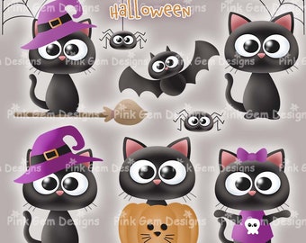 Black Cats Halloween Clipart Set, Coloured Digital Images, 9 png files,Digital Scrapbooking, Black Cat Digi Stamps, Trick or Treat, Cat