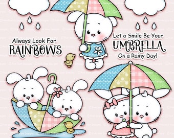 Rainy Day Bunnies Coloured Digital Stamp Set, 6 Coloured  png files, Bunny Clipart, Bunny Digi Stamps, Digi Stamps, Digistamps, Spring