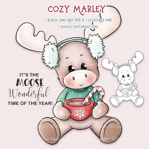 Digi Stamp Cozy Marley, Moose, Reindeer, Card Making 1 png pre-colorato e 1 Black Line png incluso, 1 Bonus Sentiment png, Clipart