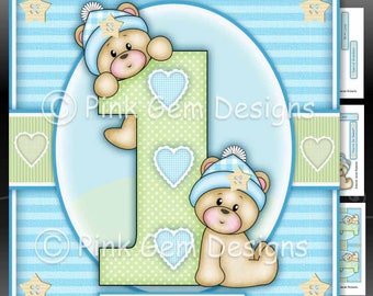 1st Birthday Bears Boy Downloadable Card Kit with Decoupage. Baby Boy's First Birthday. Card Making Download 3 A4 Printable Sheets.