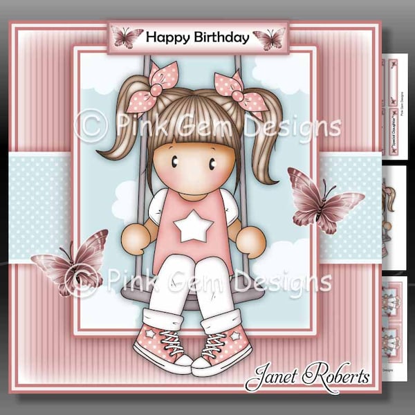 Swinging Chloe Downloadable Card Kit with Decoupage. Card Making Download 3 A4 Printable Sheets.