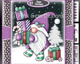 Gnome With Gifts Downloadable Card Kit with Decoupage, Elf, Card Making Download 3 A4 Printable JPG Sheets, Tomte, Christmas Gnome, Nisse