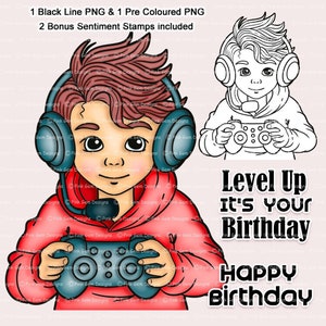 Digi Stempel Gamer Boy. Jungen Geburtstag, Karten, Einladungen etc 1 Black Line PNG und 1 vorgefärbtes PNG enthalten, Boy Digi Stempel, Gaming