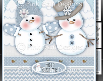 Snowman Couple Downloadable Card Kit Topper,Digtal Snowmen Card Making Download 3 A4 Printable Sheets,Christmas Snowman Card,Digital Snowmen