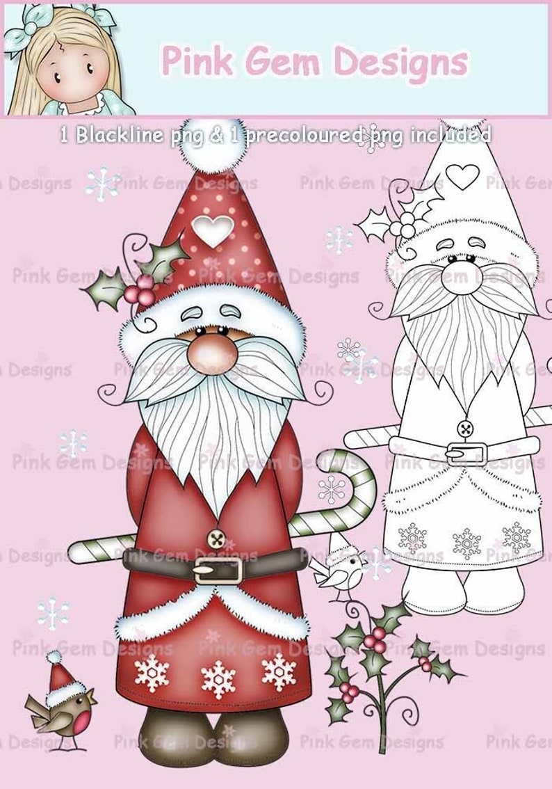 Digi Stamp Scandinavian Santa. Tomte Nisse Nordic Christmas Gnome. Card Making 1 Pre Coloured png and 1 Black Line png Included image 1