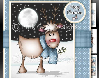 Rudy Reindeer Downloadable Card Kit with Decoupage. Reindeer Christmas. Card Making Download 3 A4 Printable Sheets.