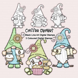 Digi Stamp Set, Coffee Gnomes, Stamps, Gnome, Cake, 3 Pre-Coloured & 3 Black Line PNG Files, Colouring, Clip Art, Download, Scandinavian