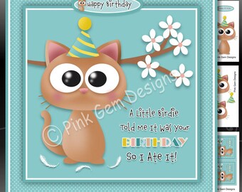 A Little Birdie Cat Downloadable Card Kit with Decoupage, Cat, Card Making Download 3 A4 Printable JPG Sheets, Kitten, Birthday