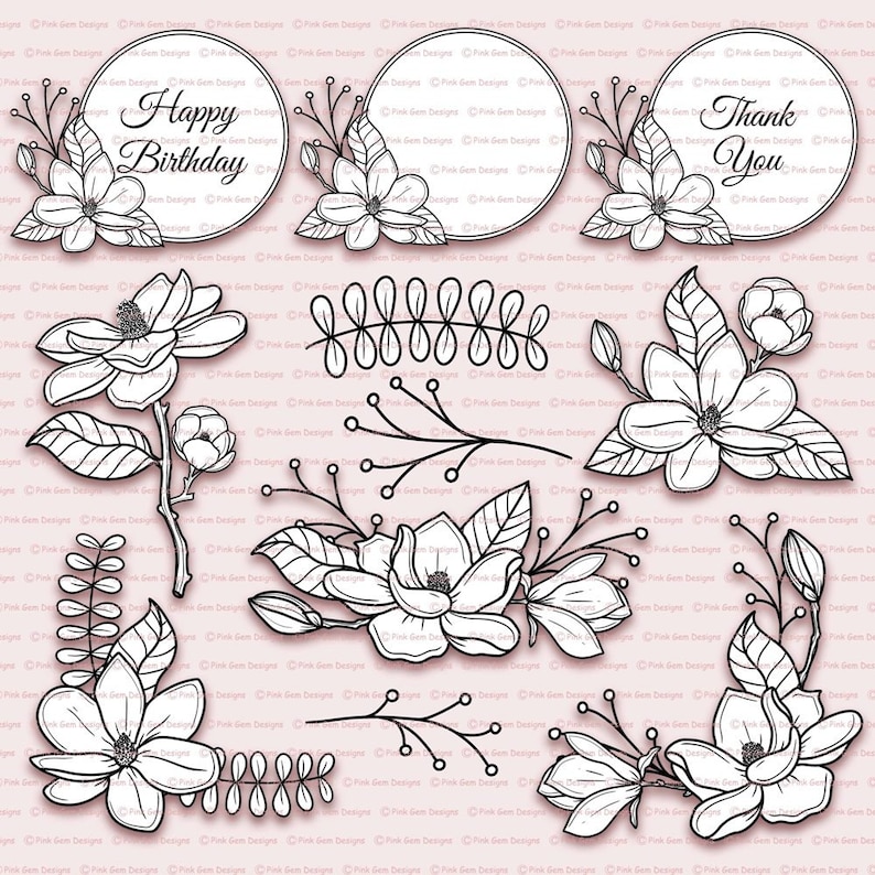 Magnolia Digital Stamp Set, 23 Black Line Art png files, Flowers, Clipart, Colouring Files, Flower Digi Stamps, Magnolia Digistamps image 2