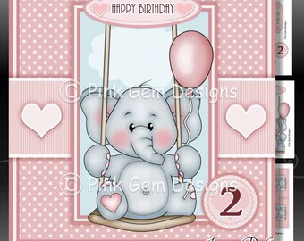 Downloadable Card Swinging Ella Pink. Card Making Download. 3 A4 Printable Sheets. New Baby Girl/Girls Birthday 1 to 5 years