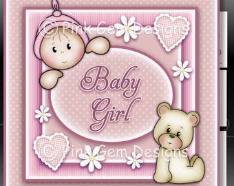 Baby Girl Downloadable Card Kit with Decoupage. New Baby Girl. Card Making Download 5 A4 Printable Sheets.