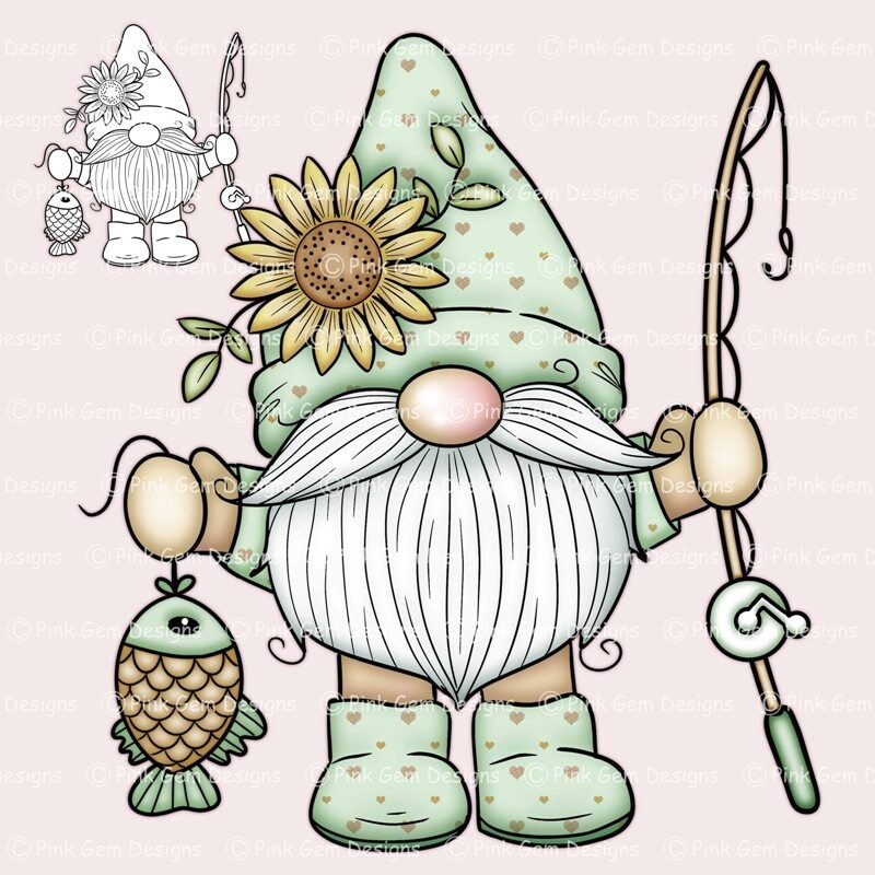 Digi Stempel Fishing Gnome, Digital Stempel, Digistamp, 1 vorgefärbtes png und 1 Black Line png inklusive. Elfe, Geburtstag, Angelzwerg PNG, Gonk