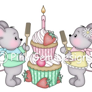 Digi Stamp Birthday Cake Mice - Anniversaire, Souris, Anniversaire, Fête des Mères, Invitations de fête etc