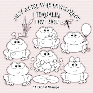 Jeu de tampons numériques grenouilles, 11 fichiers png de dessin au trait noir, amour, clipart, fichiers à colorier, tampons numériques grenouille, tampons numériques crapaud, tampons numériques