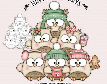 Christmas Owls Digi Stamp: Happy Owly Days Clipart (PNG Files)