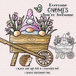 Digi Stamp Wheel Barrow Gnome, sello digital, digistamp, 1 png precoloreado y 1 línea negra png incluido. Elfo, erizo, primavera, conejito