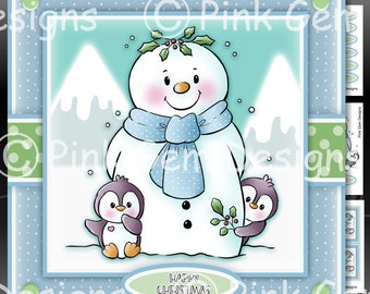 Downloadable Card Kit, Penguins With Snowman - Snowy Wishes -  with Decoupage, Penguin, Card Making Download 3 A4 Printable Sheets, Snowmen